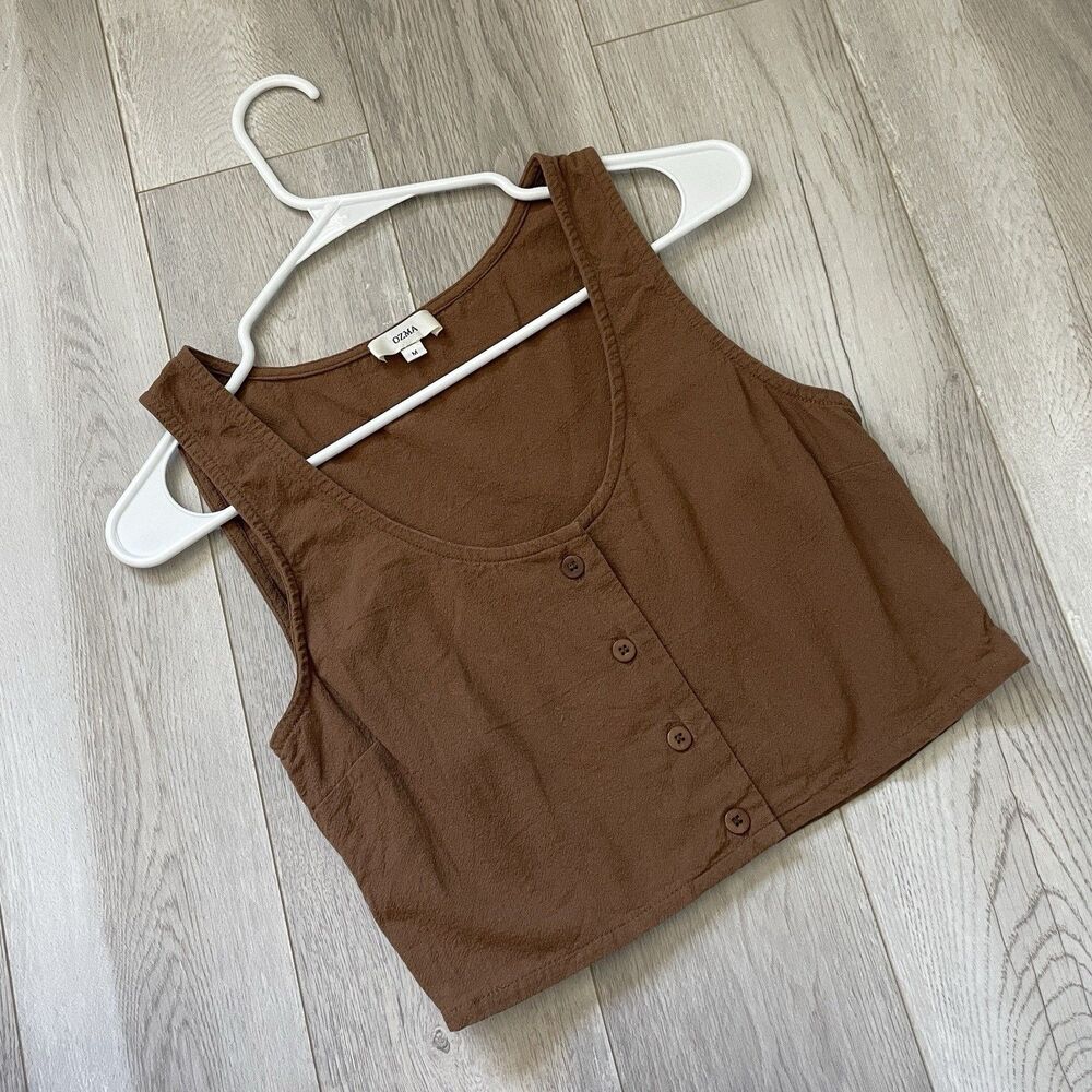Oma Tank Top cotton sleeveless button front crop womens Brown (medium) natural